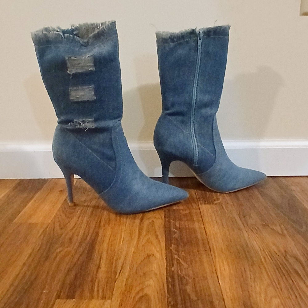 Stylish Denim High Heel Boots Size 8